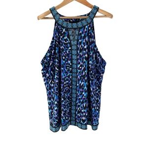 INC Womens 3X Halter Top Blue Purple Leopard Animal Print Geometric Border Boho